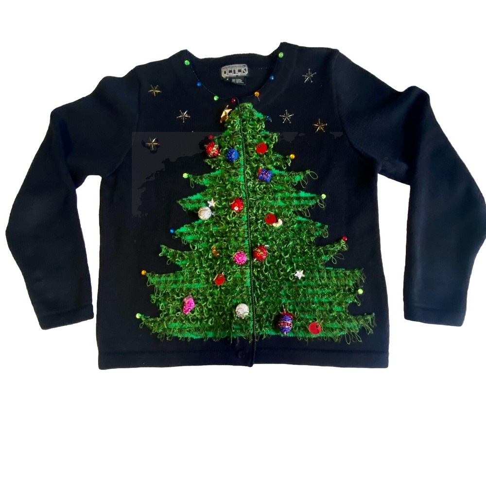 Berek 2 Sweater Christmas Tree 3D Sz S VTG Takako Saxon Black Button Down Front